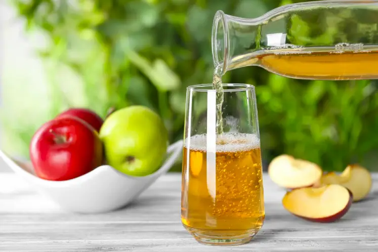 A glass filled with water mixed with apple cider vinegar, lemon slices, and honey.