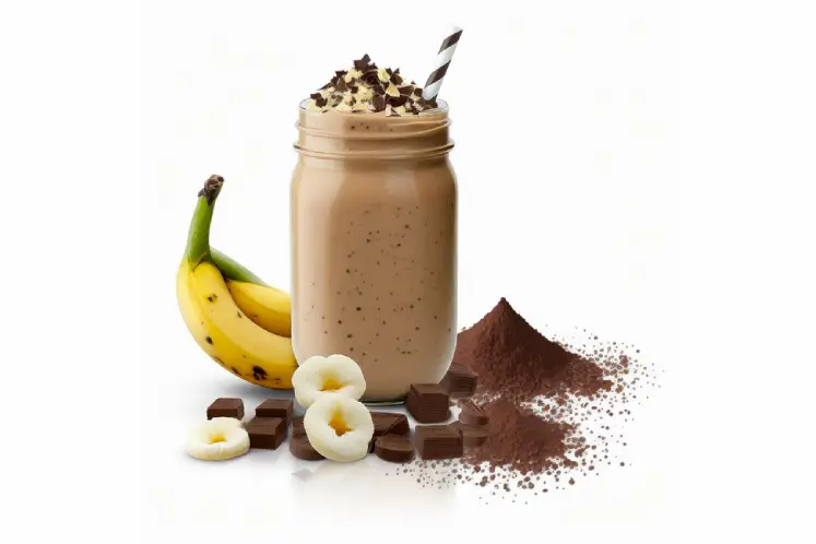 A glass filled with a creamy brown chocolate banana protein smoothie, garnished with cocoa powder and banana slices, surrounded by chocolate protein powder and fresh bananas, representing a delicious and nutritious smoothie recipe for healthy weight gain.