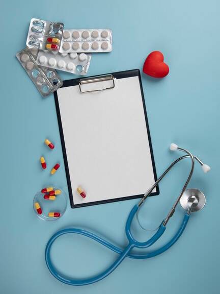 Image contains healthcare elements and different types of supplements.