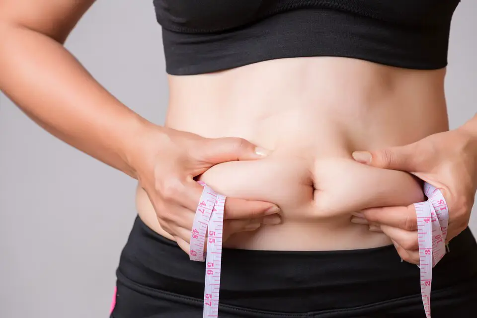 Image of a woman's hand holding excessive belly fat, symbolizing the desire to lose belly fat and achieve a healthier lifestyle.