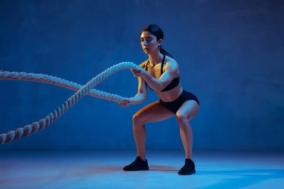 Young woman performing High-Intensity Interval Training (HIIT) with battling ropes, engaging in a high-energy workout to boost metabolism.