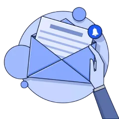 Hand holding an envelope symbolizing newsletter subscription with a notification bell.