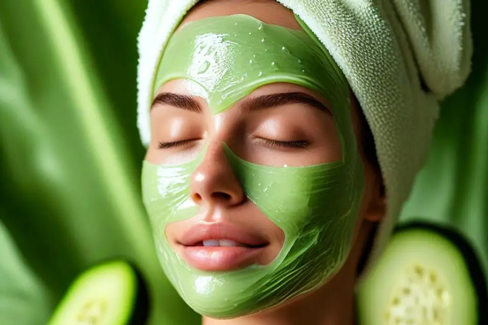 Woman with an aloe vera and cucumber face mask to soothe and calm skin.