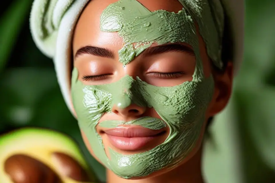 Woman with an avocado and oatmeal face mask for hydration and smoother skin.