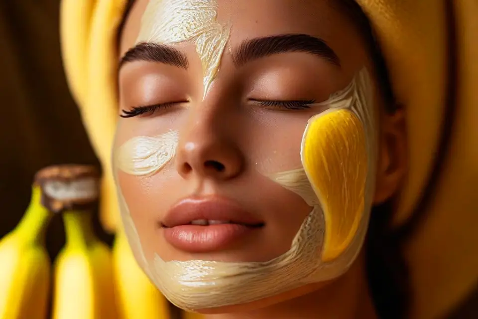 Woman with a banana and honey face mask for nourishing and softening skin.