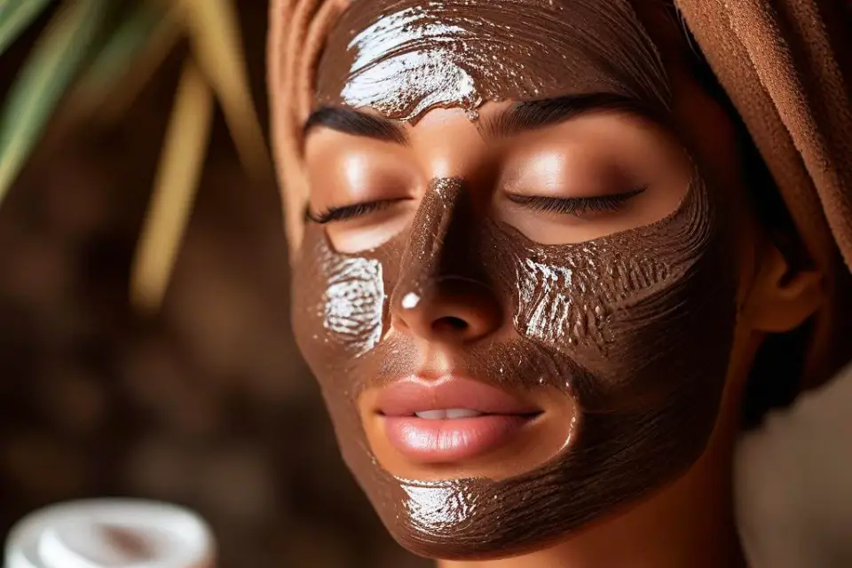 Woman with a coffee and coconut oil face mask for exfoliation and smoothness.