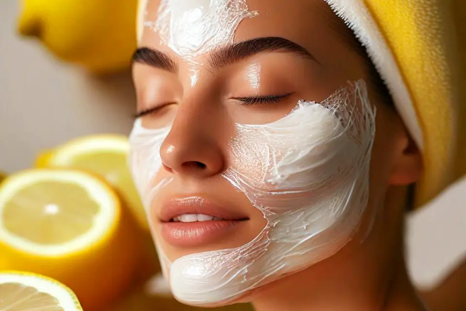 Woman with an egg white and lemon face mask for tightening pores and reducing oiliness.