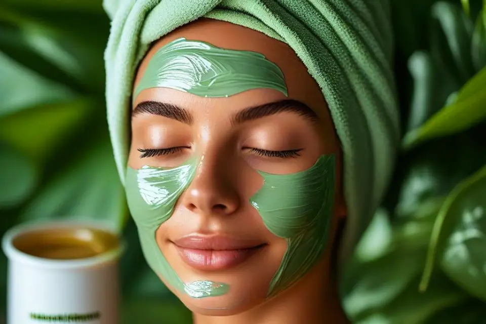 Woman with a green tea and honey face mask for antioxidant protection and hydration.