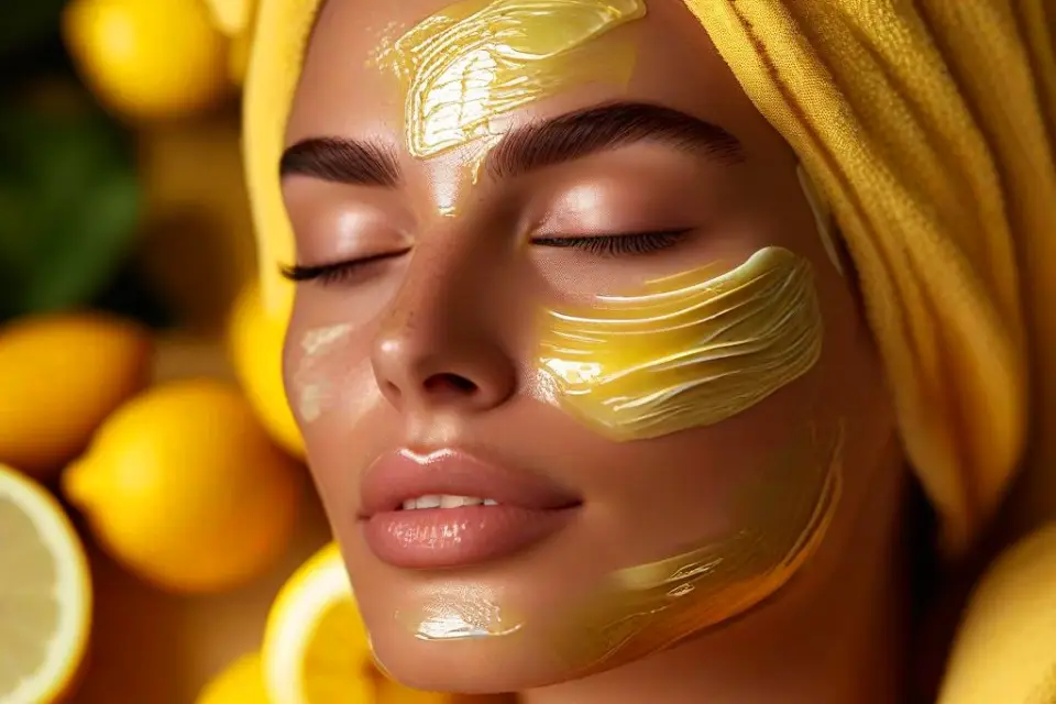 Woman applying a honey and lemon face mask for deep hydration and glowing skin.