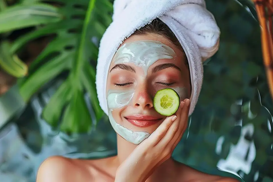 Woman applying a natural homemade face mask for glowing skin, enhancing hydration and relaxation.