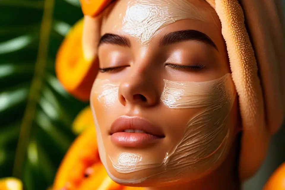 Woman with a papaya and honey face mask for skin rejuvenation and glow.