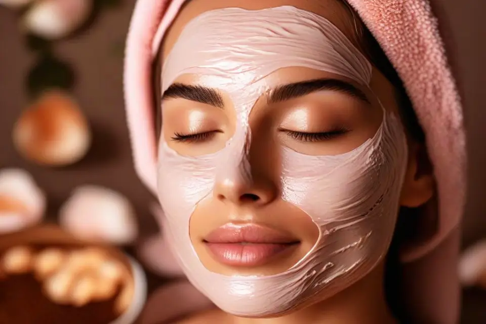 Woman with a rosewater and sandalwood face mask for cooling and soothing skin.