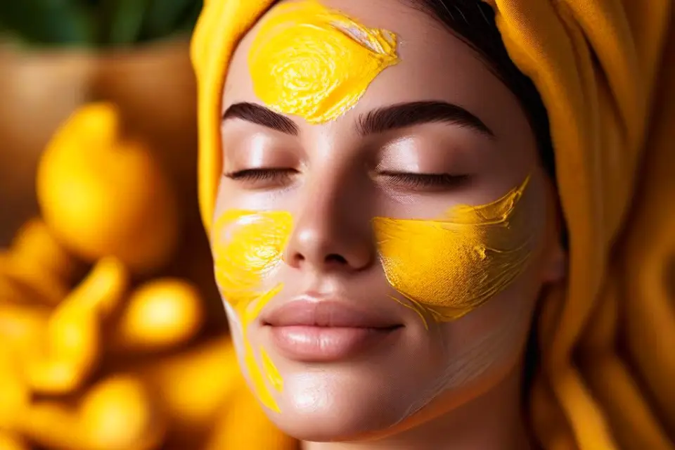 Woman with a turmeric and yogurt face mask for brightening and exfoliation.