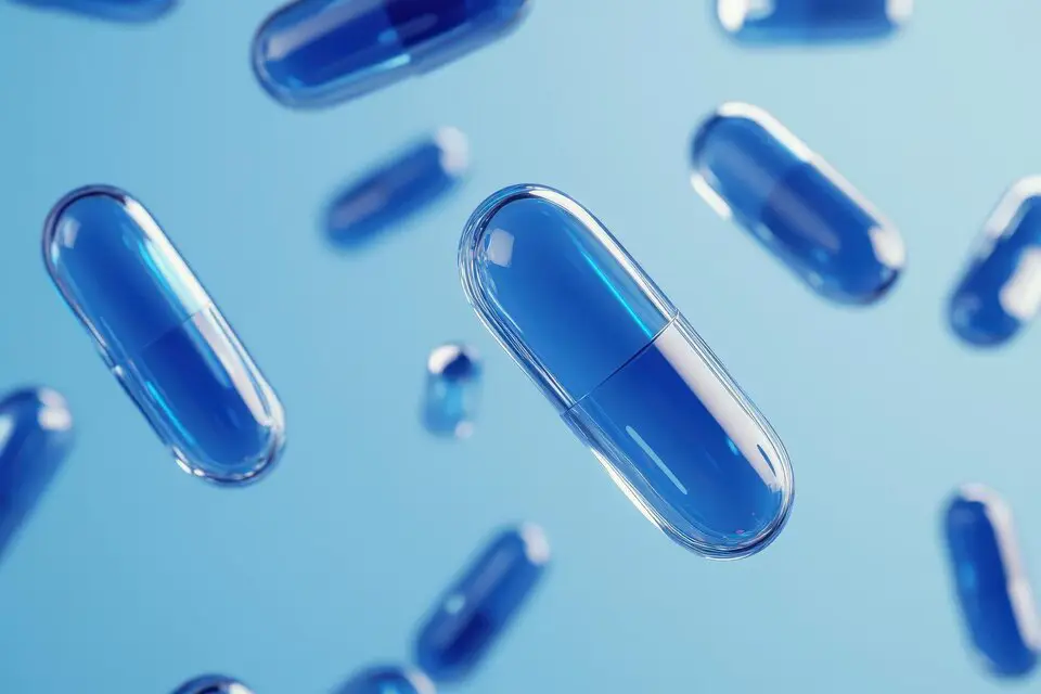 Blue capsules representing vitamins that may be linked to skin health and small white spots due to vitamin deficiency.