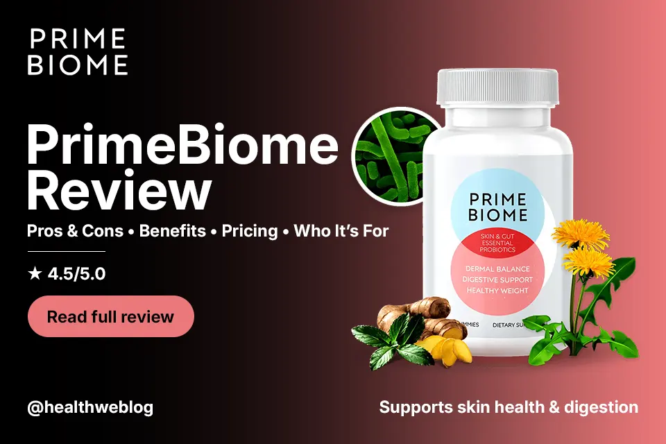 Bottle of PrimeBiome probiotic supplement surrounded by natural herbs, with review rating and call to action to read full product review.