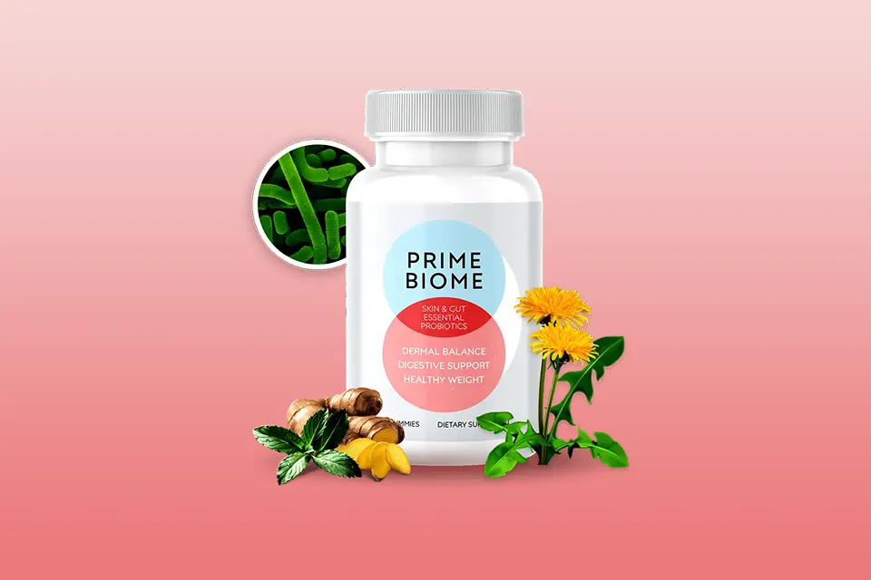 Bottle of PrimeBiome skin and gut probiotic gummies with natural herbal ingredients in background.